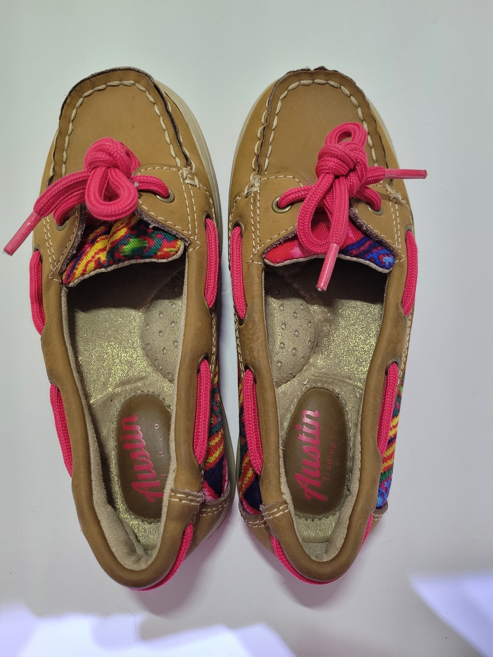 Girls Tan Moccasin Boat Shoes with Pink Accents